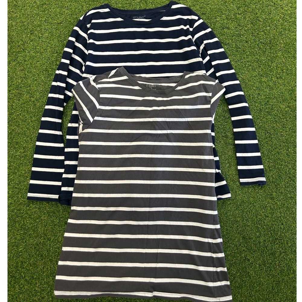 Primark Cares Striped T-Shirt Lot 2 Navy Grey Long Short Sleeve Stretch Crew L